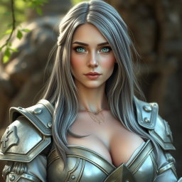 A real-life photo of a busty, shy and delicate cleric healer who is slim and caring