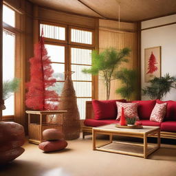 A Japanese-inspired living room, filled with bamboo and rattan decorations. In the corner is a unique Christmas tree adorned with red accessories and bamboo elements.