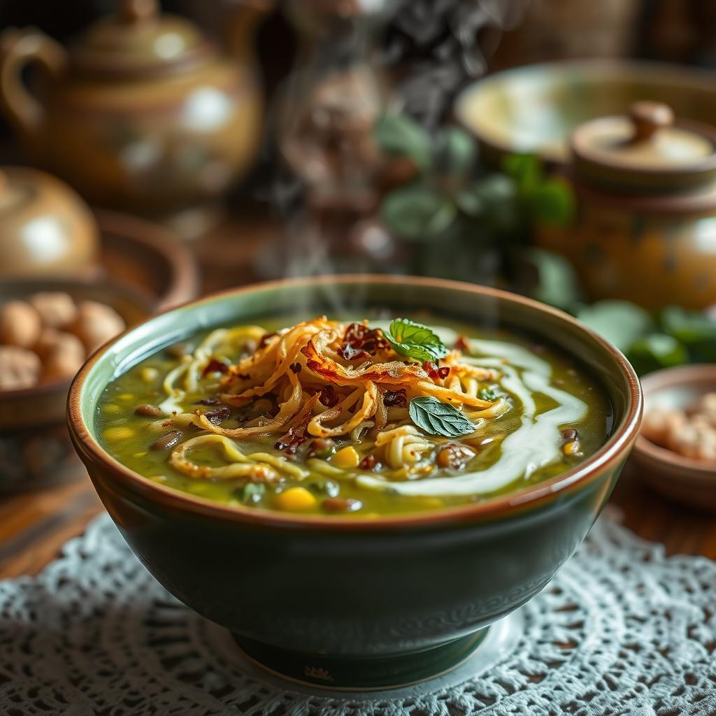 A close-up shot of a steaming bowl of Ash Reshteh, a traditional Persian noodle soup showcasing a rich green color