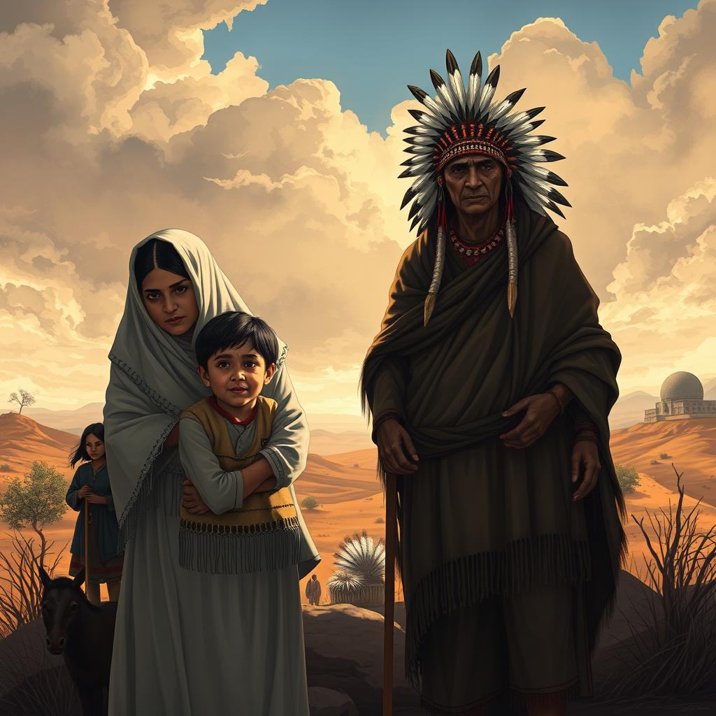 A powerful and realistic illustration that captures the historical displacement of Palestinians and Native Americans, highlighting the similarities between their experiences