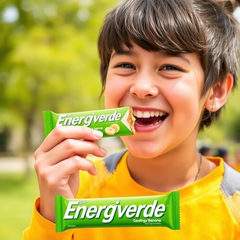 A cheerful teenager enjoying a green banana energy bar from the 'Energiverde' brand