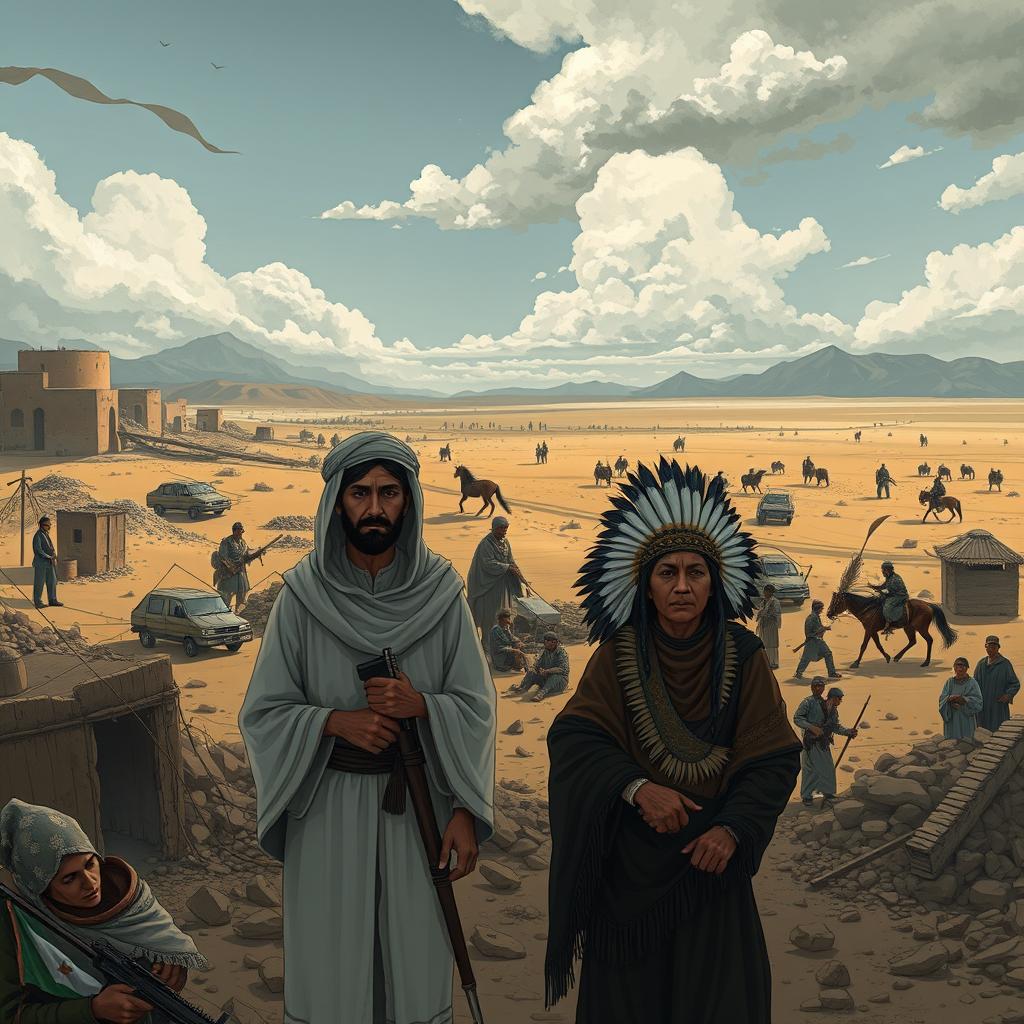 A thought-provoking and realistic illustration depicting the tragic themes of the Israeli-Palestinian conflict alongside the historical genocide of Native Americans