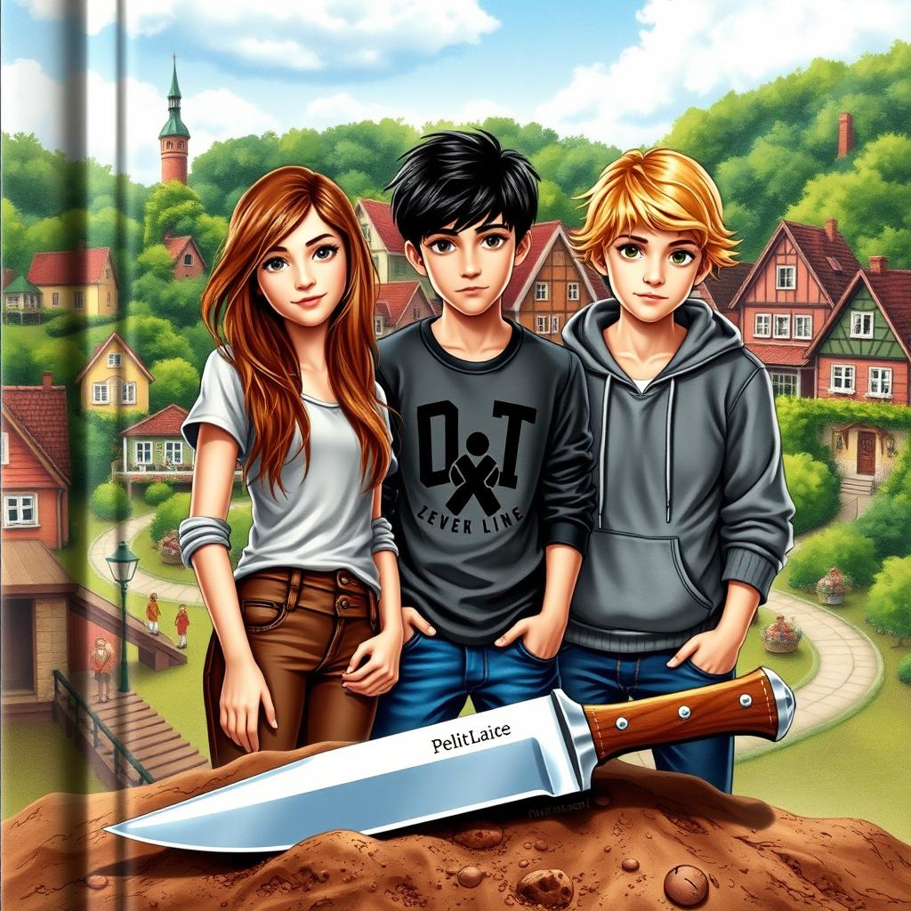 A captivating book cover featuring three teenagers, one girl and two boys, standing in front of a picturesque village in the background