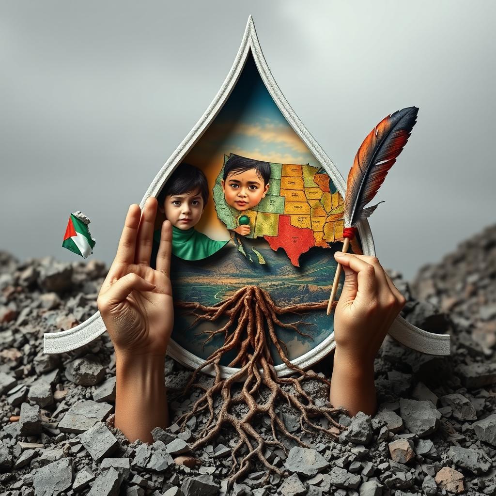 A touching and intricate design featuring a 3D structure representing the common struggles of Palestinians and Native Americans