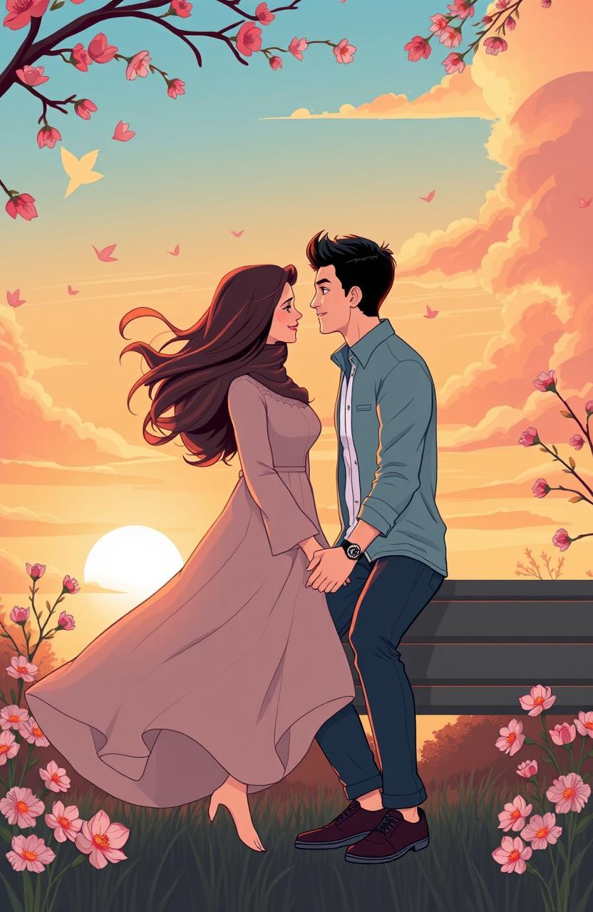 A romantic illustration representing the love story of Somaya and Tawfiq, featuring a beautiful sunset background with warm colors