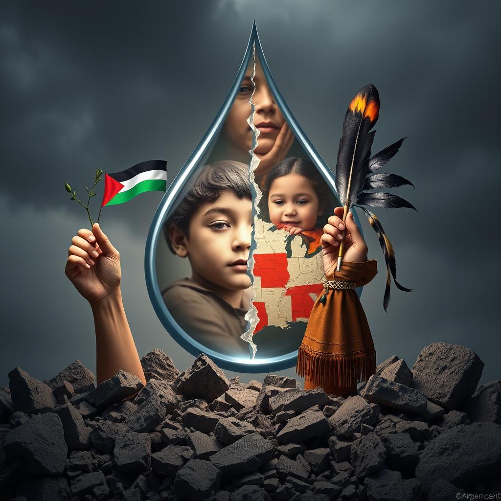 A poignant and elaborate 3D design depicting the themes of struggle and resilience of the Palestinian and Native American peoples