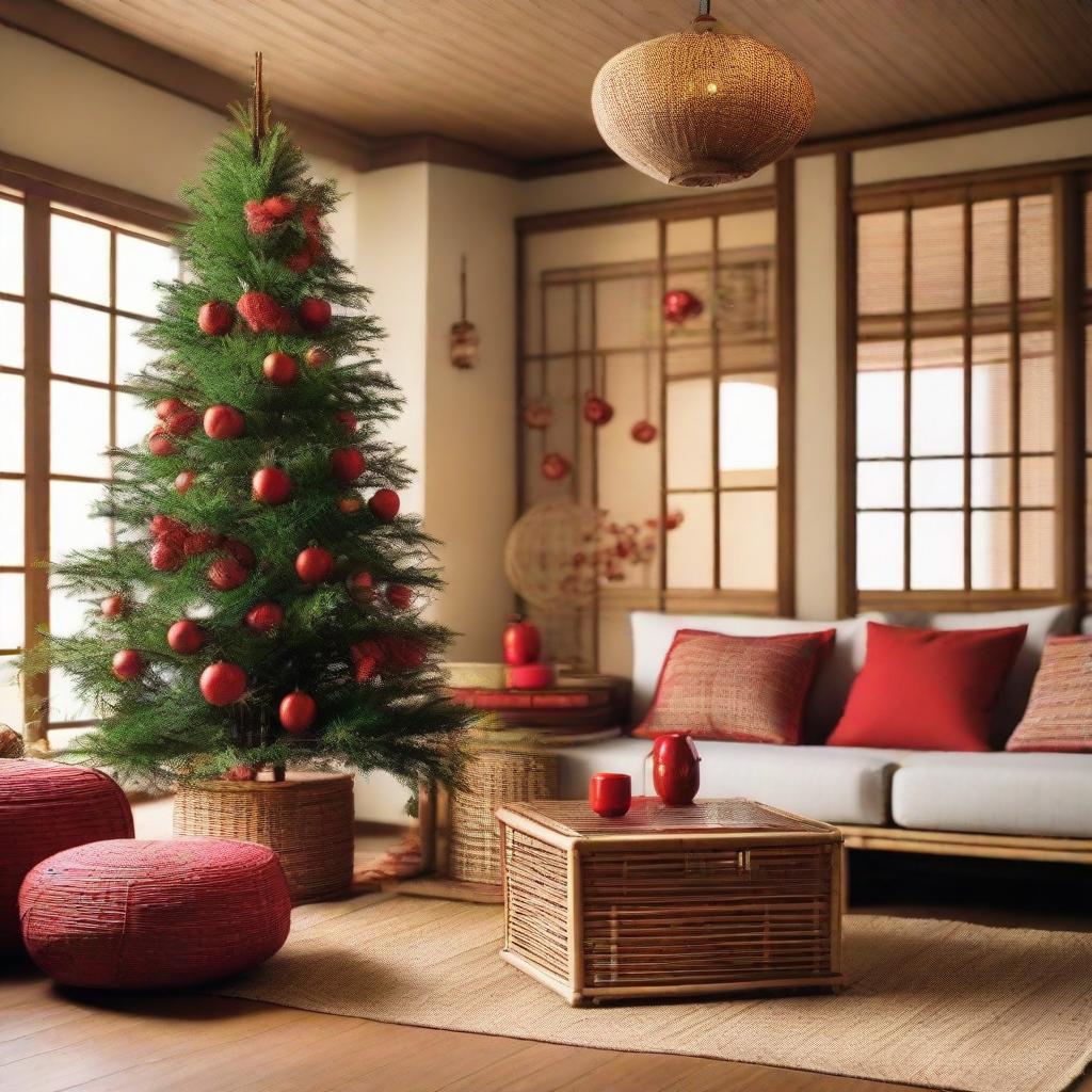 A cozy living room filled with bamboo and rattan decorations, exuding a Japanese vibe. In one corner there's a Christmas tree decorated with red accessories.