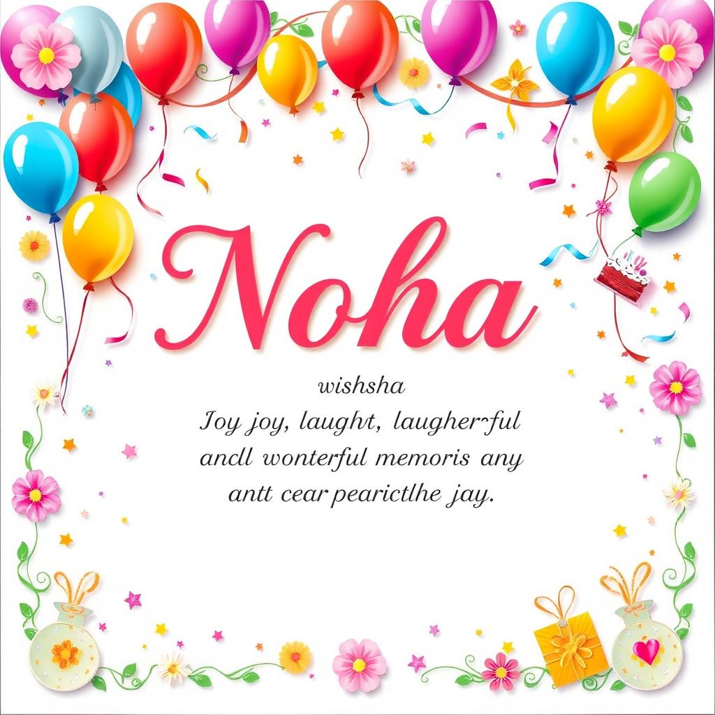 A beautifully designed birthday greeting card featuring the name 'Noha' in elegant cursive font