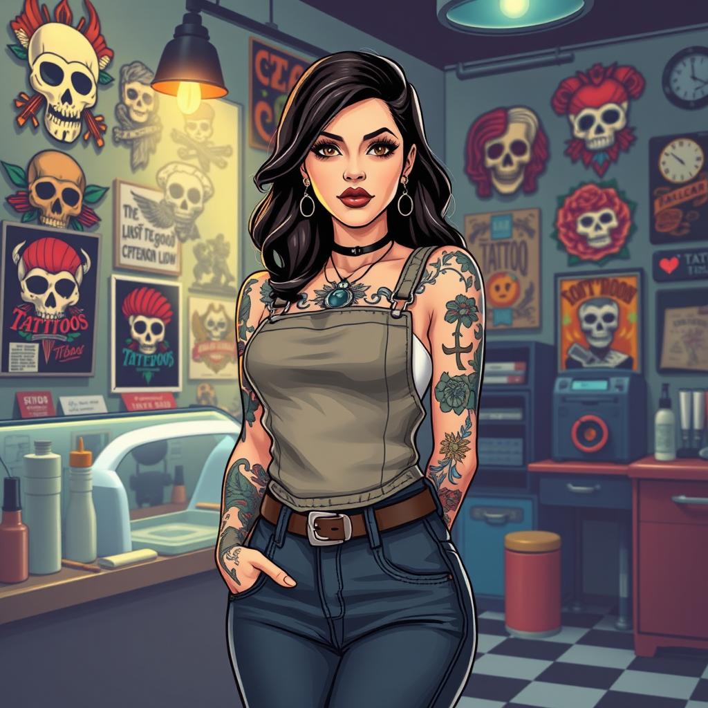 A captivating illustration of a female tattoo artist in a retro-style tattoo shop