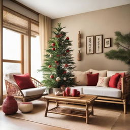 A cozy living room filled with bamboo and rattan decorations, exuding a Japanese vibe. In one corner there's a Christmas tree decorated with red accessories.