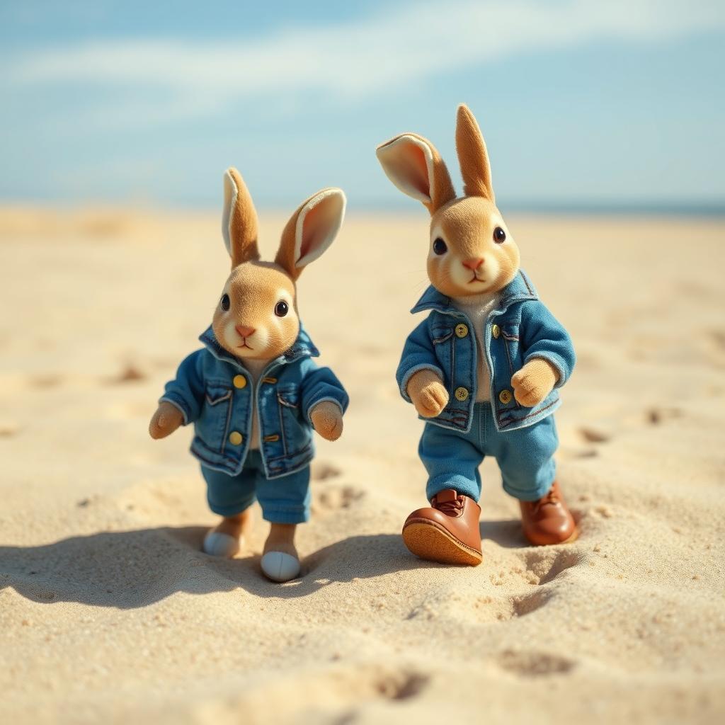 Two cute puppet rabbits wearing blue denim jackets, blue pants, and brown shoes walking on the sand and leaving footprints in the sand
