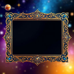 A stylized frame designed for a video display, featuring ornate decorations along the borders, with intricate patterns and vibrant colors that evoke a sense of wonder and creativity