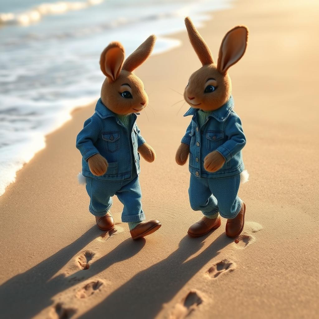 Two puppet rabbits engaged in conversation, wearing blue denim jackets, blue pants, and brown shoes