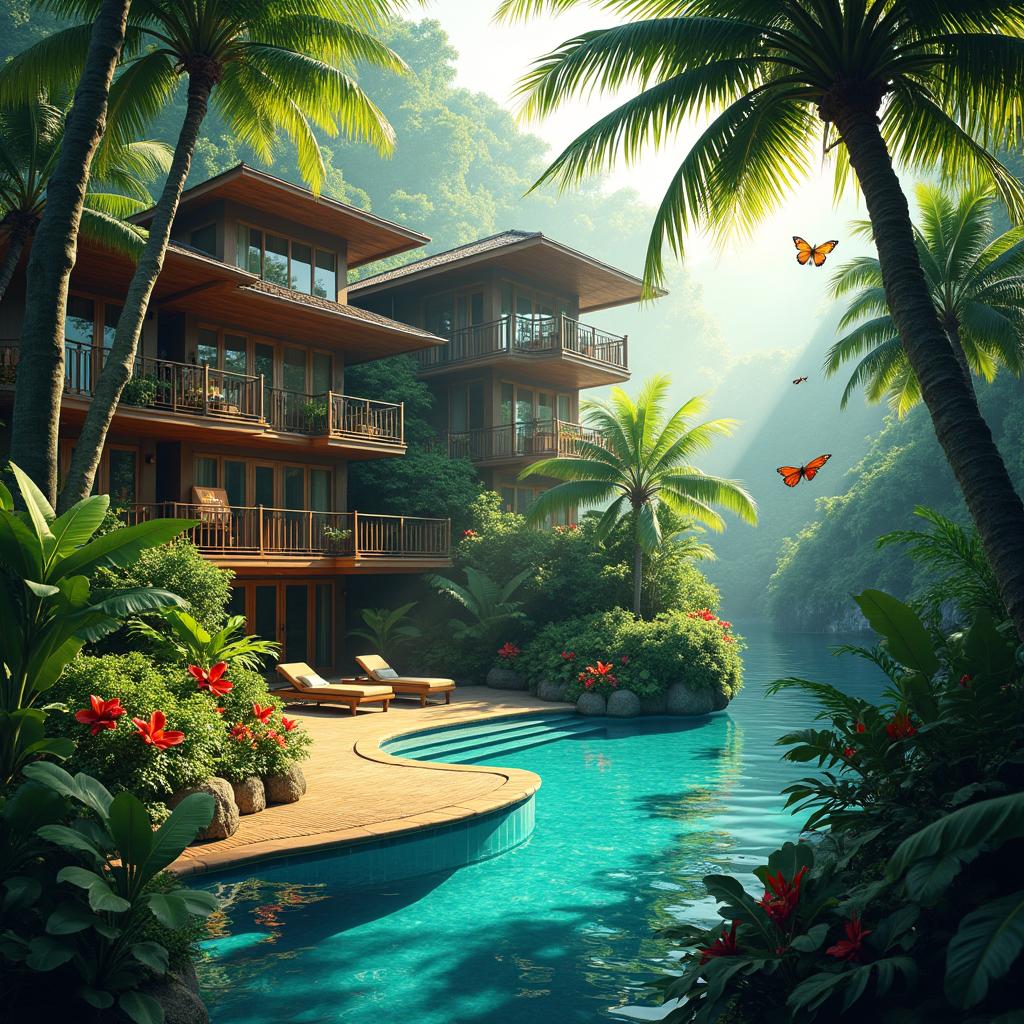 A luxurious hotel nestled deep in a lush jungle, surrounded by vibrant green foliage, towering trees, and colorful tropical flowers
