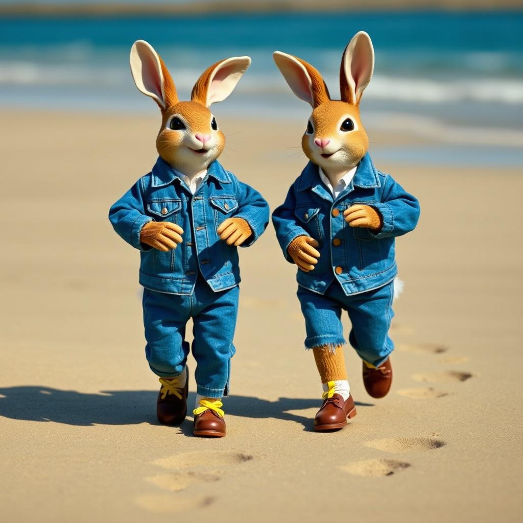 Two puppet rabbits engaging in a lively conversation, dressed in stylish blue denim jackets, blue pants, and brown shoes