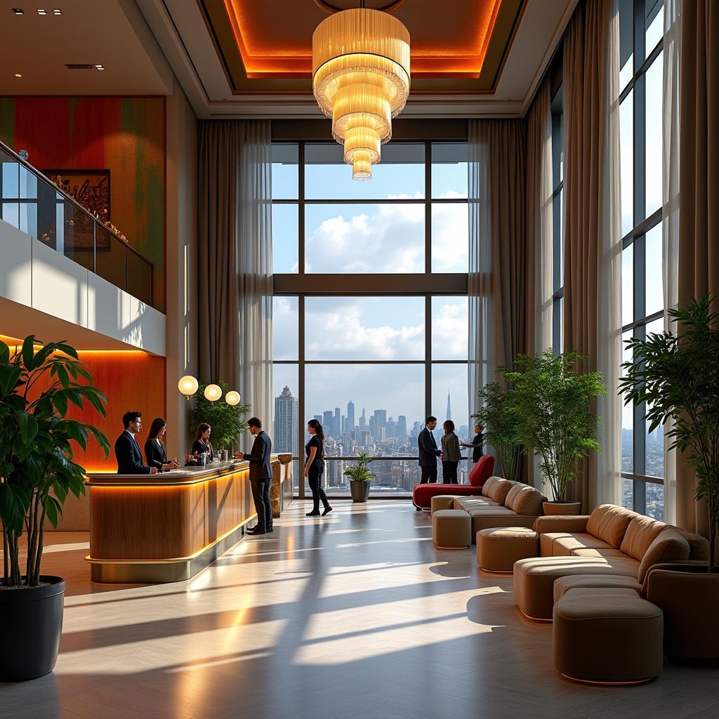 A luxurious and modern hotel lobby featuring elegant decor, high ceilings, and large chandeliers