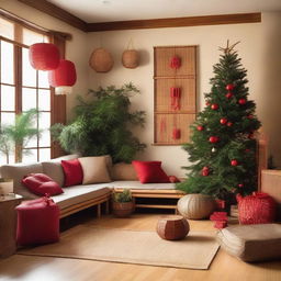 A cozy living room filled with bamboo and rattan decorations, exuding a Japanese vibe. In one corner there's a Christmas tree decorated with red accessories.