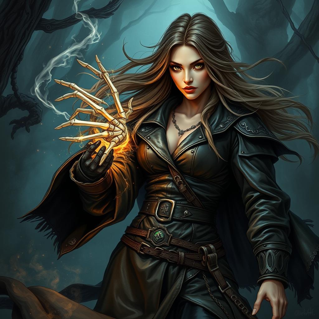 A powerful female mage wearing an oversized leather outfit, radiating an aura of mystique and strength