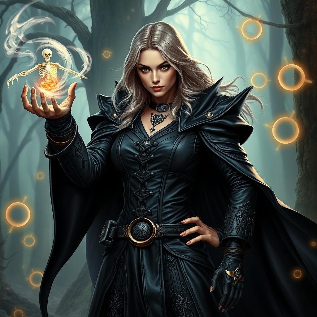 A powerful female mage clad in an oversized black leather outfit, with intricate details and a flowing cloak