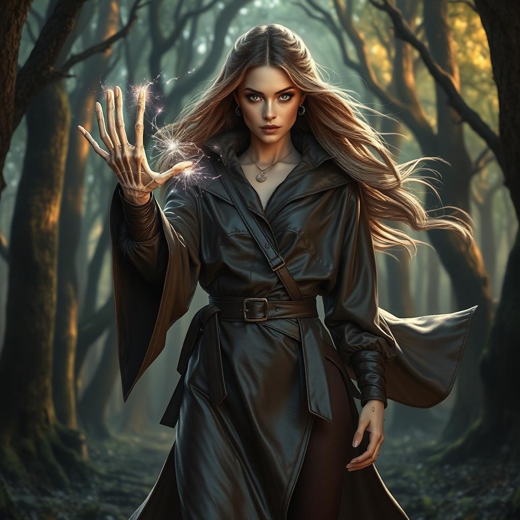 A powerful female mage with captivating eyes, dressed in an oversized, stylish leather outfit that flows with her movements