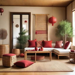 A cozy living room filled with bamboo and rattan decorations, exuding a Japanese vibe. In one corner there's a Christmas tree decorated with red accessories.