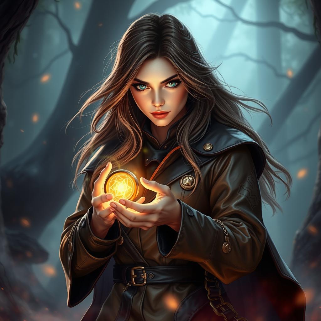 A female mage dressed in an oversized leather outfit, holding a mystical ring as a focus in her hands, surrounded by a glowing aura of magical energy