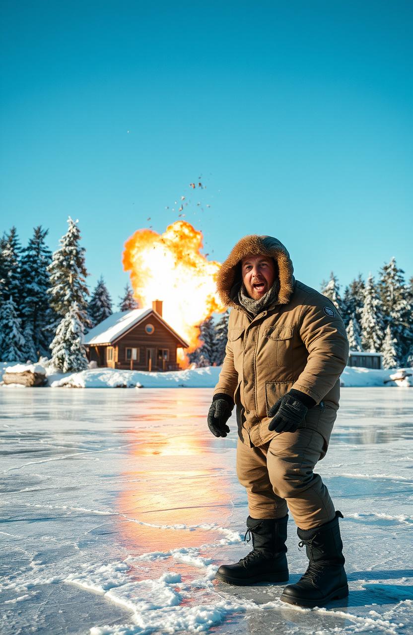 A dramatic scene of an ice fisherman on a frozen lake, dressed in warm winter clothing, looking shocked and surprised