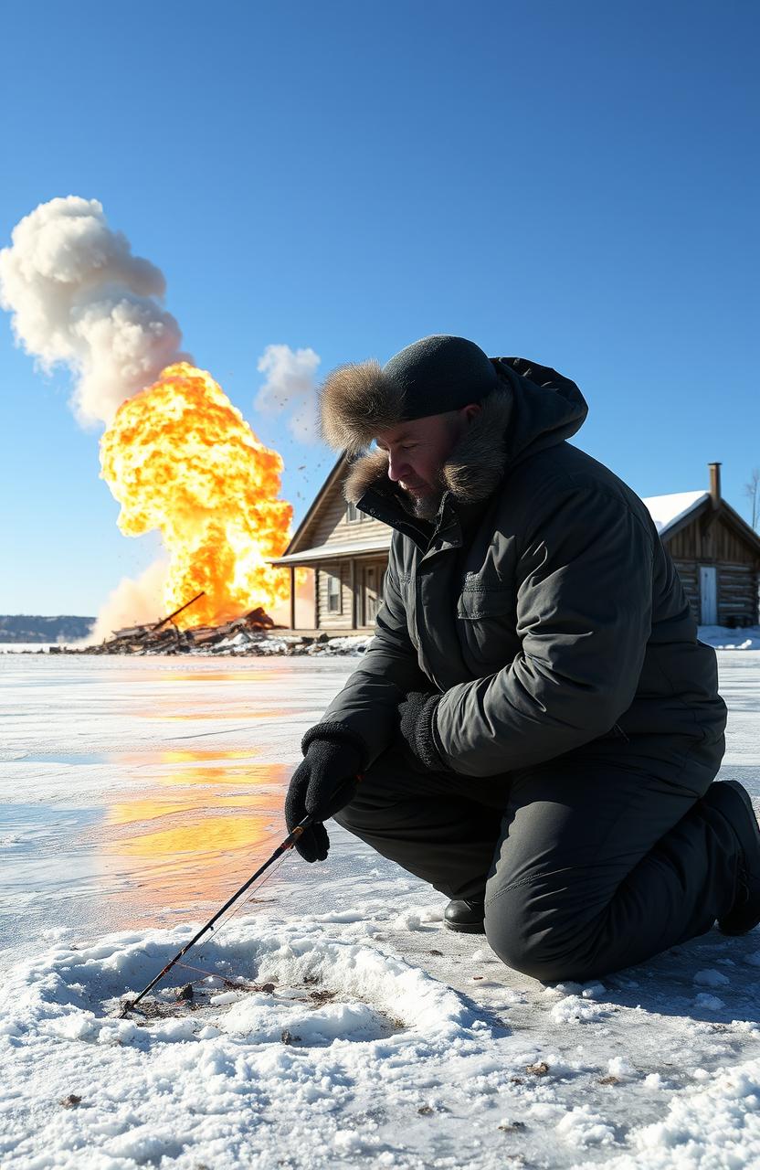 A dramatic scene depicting a kneeing ice fisherman on a frozen lake, wearing a warm parka and ice fishing gear, focused on his fishing hole