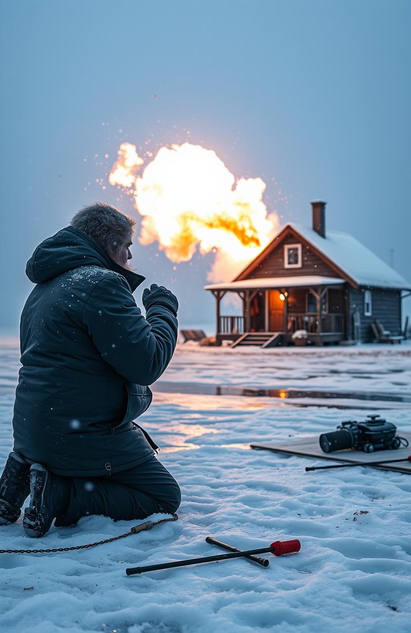 A dramatic winter scene depicting a kneeling ice fisherman in a thick winter coat, intently watching the explosion of a cozy cottage on the snowy shore
