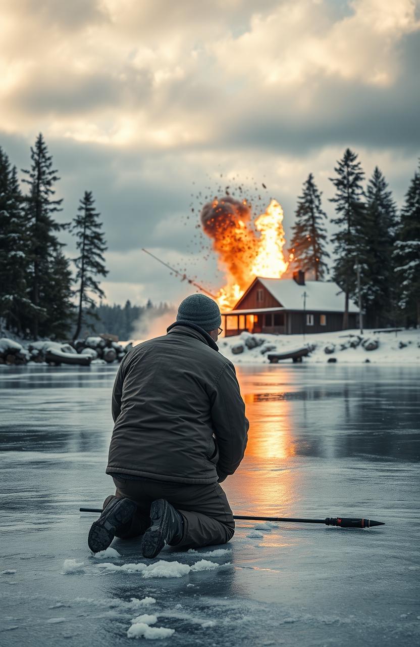 A scene depicting a dramatic moment in winter: an ice fisherman on his knees on a frozen lake, dressed in warm, layered winter clothing, his breath visible in the cold air