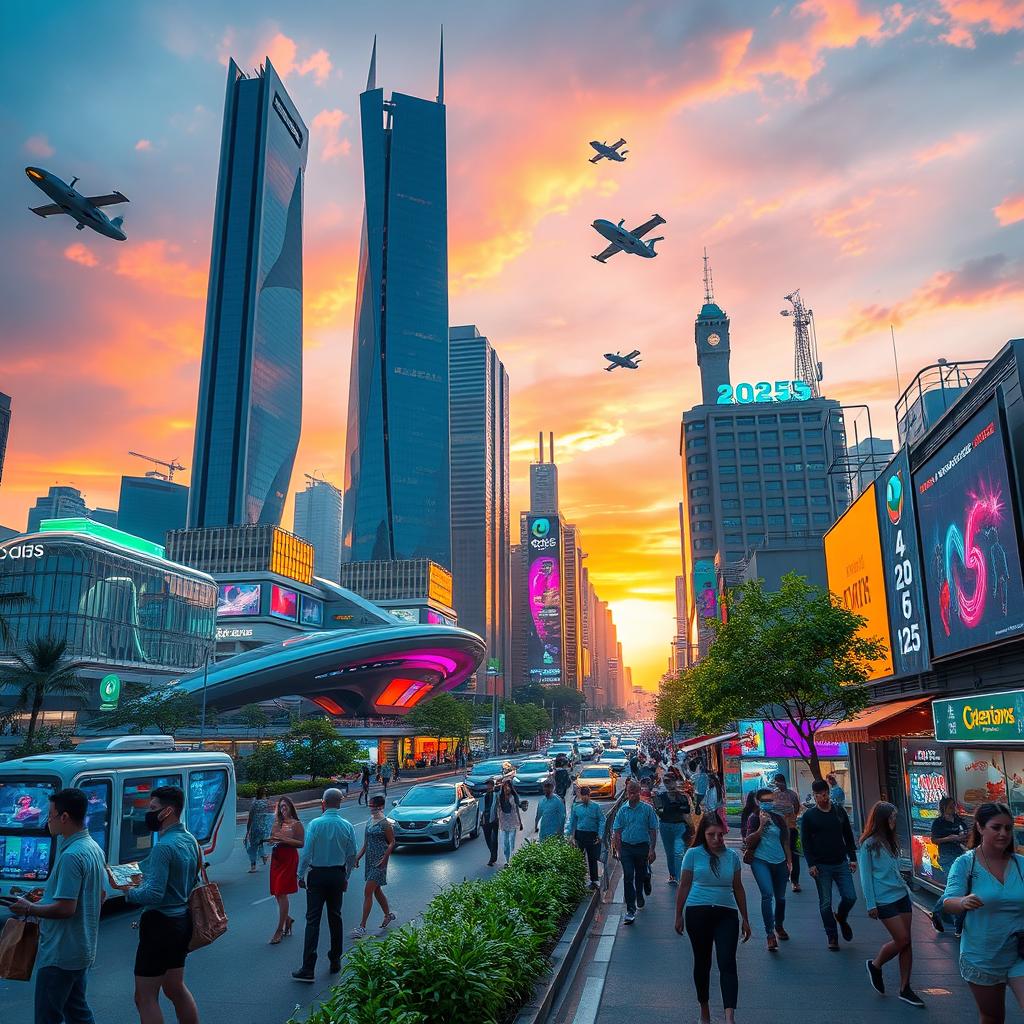 A futuristic cityscape in 2025, showcasing advanced architecture with flying cars and neon lights