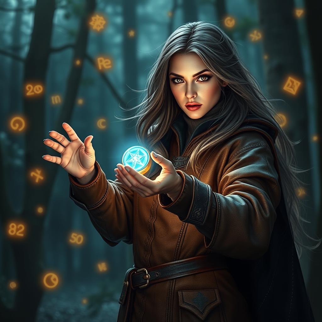 A powerful female mage wearing an oversized leather outfit, preparing to cast a spell with intense focus
