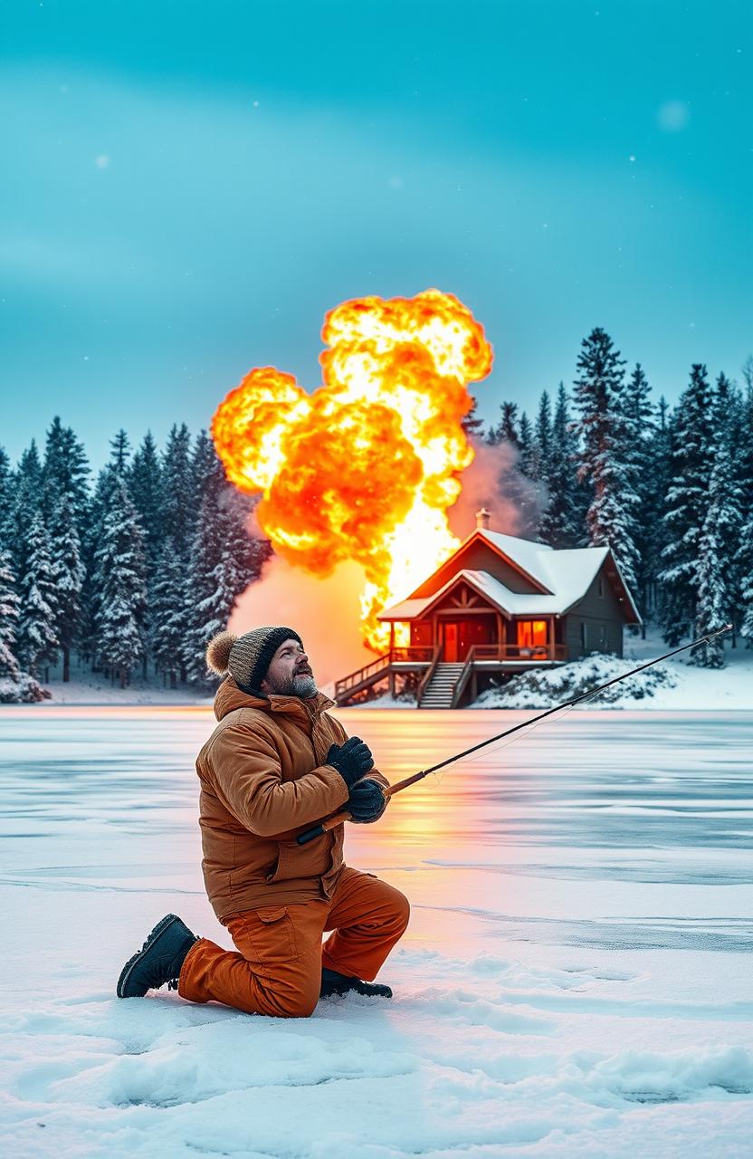A dramatic scene showing a kneeing ice fisherman dressed in warm winter attire, looking in awe and shock as a lake house on a wooded shore erupts in a spectacular explosion