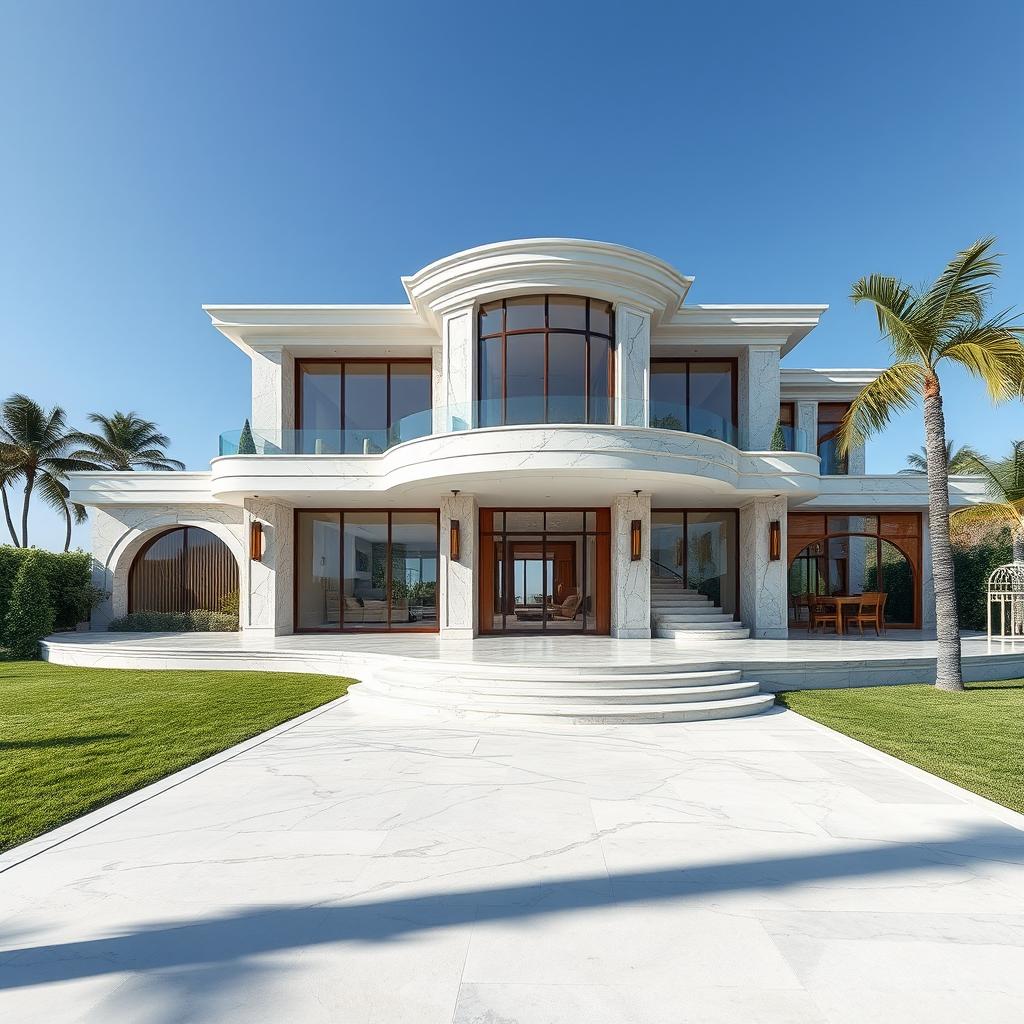 Exterior view of a stunning single-story villa, beautifully decorated with elegant marble and natural wood embellishments