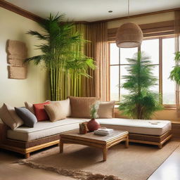 A living room decorated with bamboo and rattan elements, featuring a corner Christmas tree adorned with various accessories. The room conveys a fusion of tropical and Japanese styles.