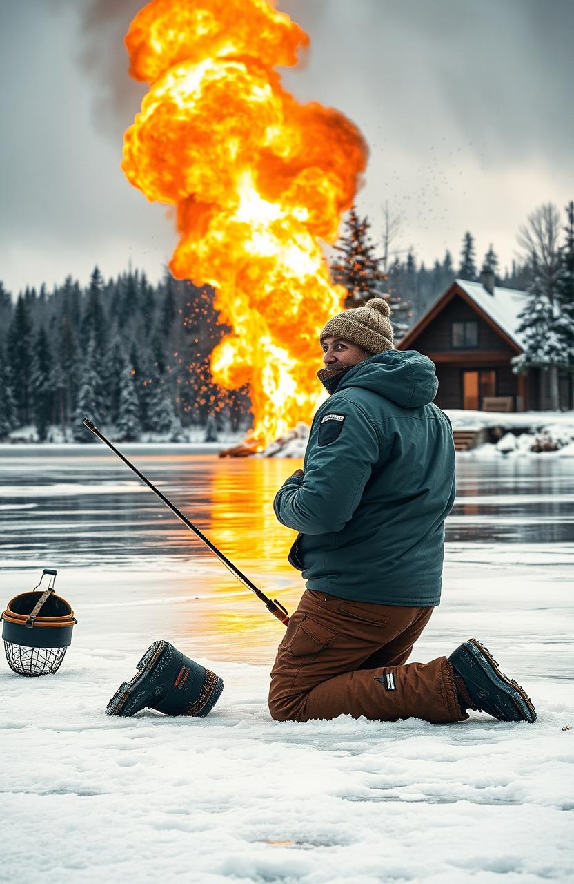A dramatic scene depicting a kneeling ice fisherman wearing winter gear, holding a tip-up fishing rig, as he turns to witness an explosion at a lake house situated on a wooded shore