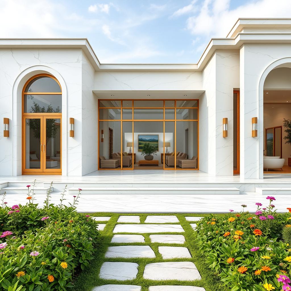 Exterior view of a single-story villa, elegantly decorated with smooth white marble and natural wood embellishments, showcasing a harmonious blend of materials