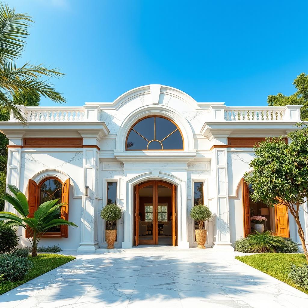 A single-story villa with an elegant exterior decorated with marble and natural wood embellishments