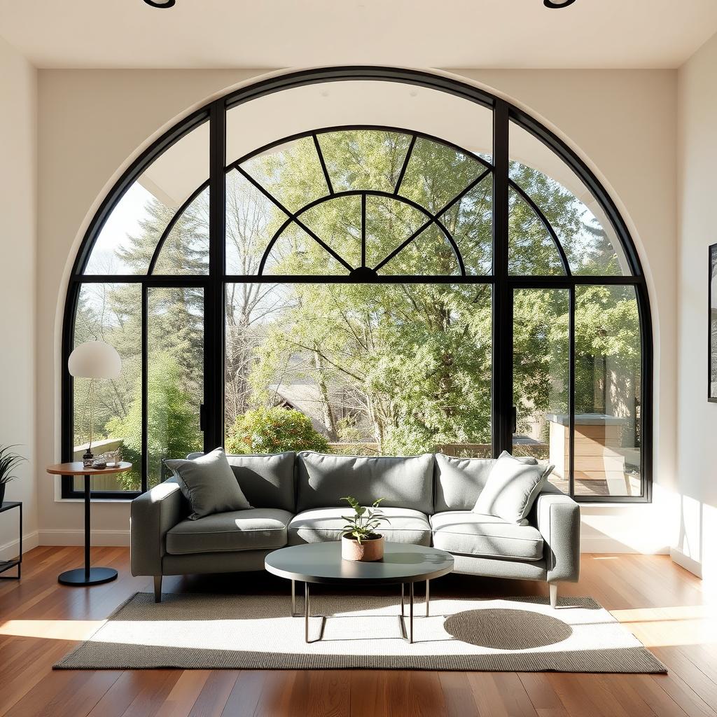 A modern interior design featuring a stunning half-circle window wall that allows natural light to flood the space