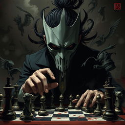 Ayanokoji Kiyotaka from 'Classroom of the Elite', depicted with a mysterious mask covering his face, engaged in an intense game of chess