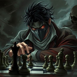 Ayanokoji Kiyotaka from 'Classroom of the Elite', depicted with a mysterious mask covering his face, engaged in an intense game of chess