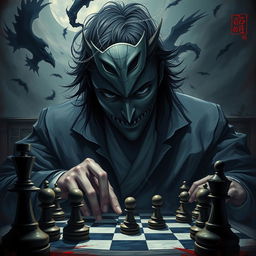 Ayanokoji Kiyotaka from 'Classroom of the Elite', depicted with a mysterious mask covering his face, engaged in an intense game of chess