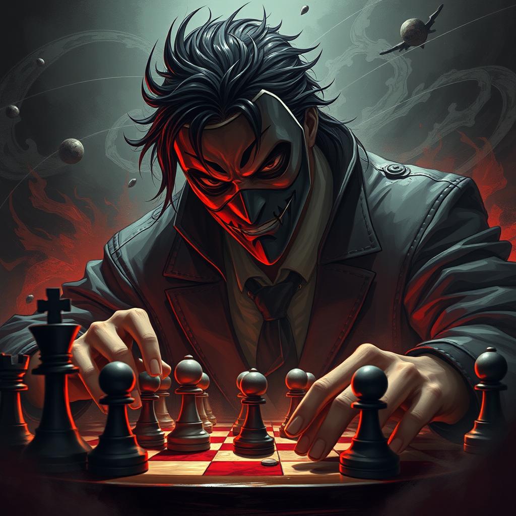 Ayanokoji Kiyotaka from 'Classroom of the Elite', depicted with a mysterious mask covering his face, engaged in an intense game of chess