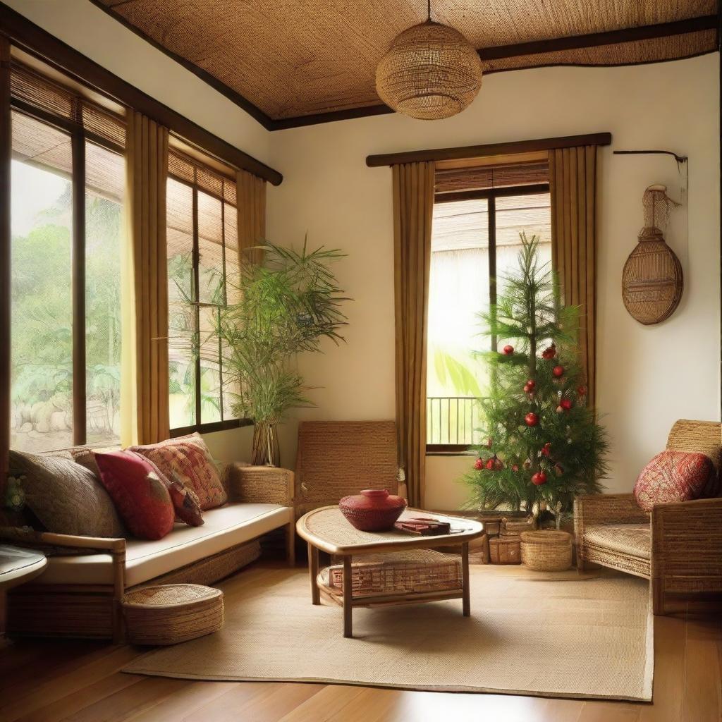 A living room decorated with bamboo and rattan elements, featuring a corner Christmas tree adorned with various accessories. The room conveys a fusion of tropical and Japanese styles.