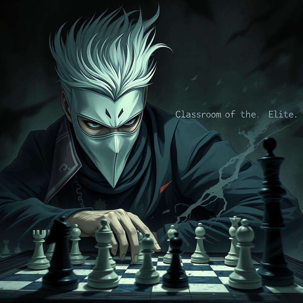 Ayanokoji Kiyotaka from 'Classroom of the Elite', depicted with a white mask covering his face and striking white hair, deeply focused on a chess game