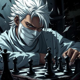 Ayanokoji Kiyotaka from 'Classroom of the Elite', depicted with a white mask covering his face and striking white hair, deeply focused on a chess game