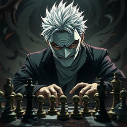 Ayanokoji Kiyotaka from 'Classroom of the Elite', depicted with a white mask covering his face and striking white hair, deeply focused on a chess game