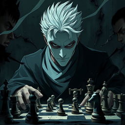 Ayanokoji Kiyotaka from 'Classroom of the Elite', depicted with a white mask covering his face and striking white hair, deeply focused on a chess game