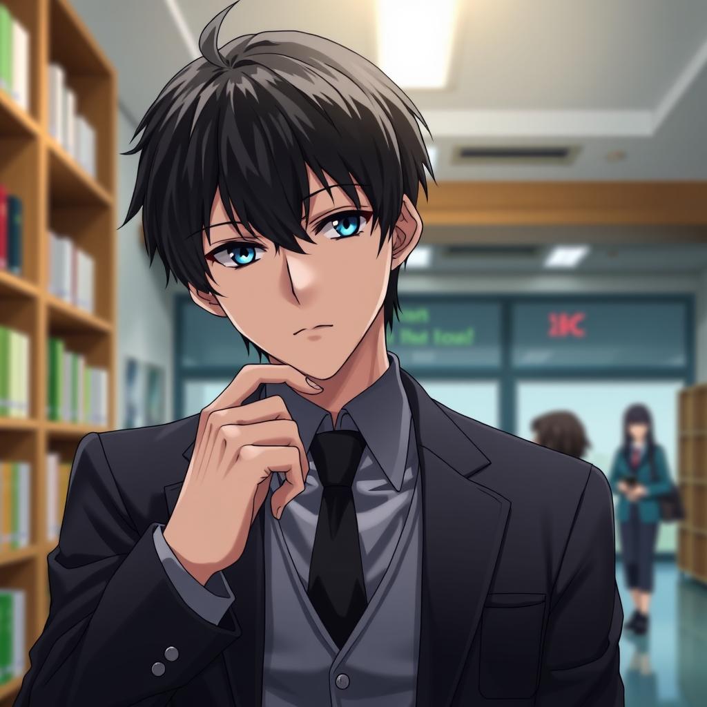 Ayanokoji Kiyotaka, the protagonist from 'Classroom of the Elite', depicted in a stylish and thoughtful pose, wearing his classic school uniform with a blazer and tie