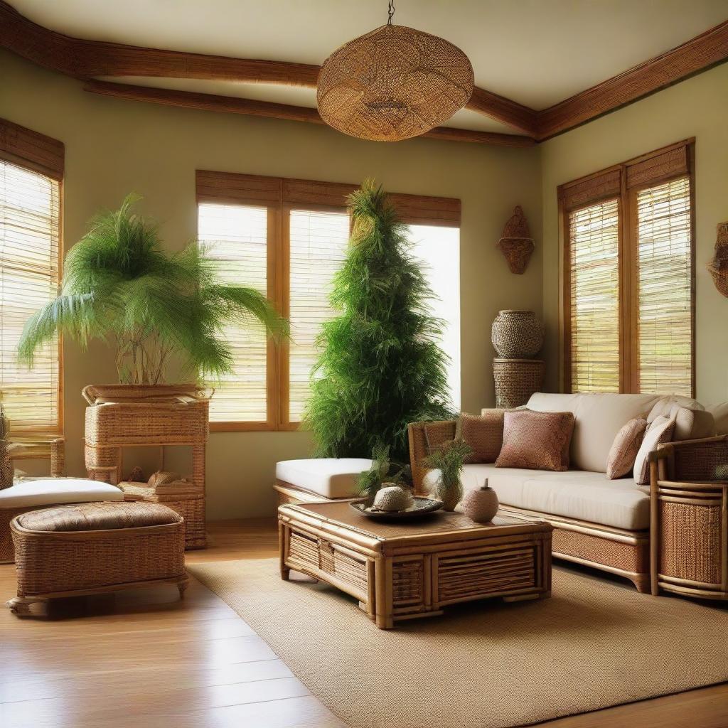 A living room decorated with bamboo and rattan elements, featuring a corner Christmas tree adorned with various accessories. The room conveys a fusion of tropical and Japanese styles.